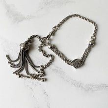 Carica l'immagine nel visualizzatore di Gallery, Victorian Sterling Silver Albertina Watch Chain. Antique Etruscan Revival Belcher Link Chain Bracelet with Slider & Tassel Charm and  T-Bar