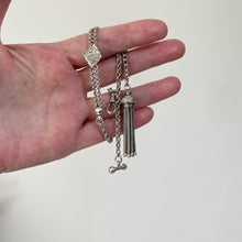 Carica l'immagine nel visualizzatore di Gallery, Victorian Sterling Silver Albertina Watch Chain. Antique Etruscan Revival Belcher Link Chain Bracelet with Slider & Tassel Charm and  T-Bar