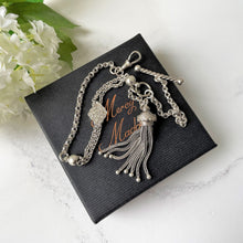 Carica l'immagine nel visualizzatore di Gallery, Victorian Sterling Silver Albertina Watch Chain. Antique Etruscan Revival Belcher Link Chain Bracelet with Slider & Tassel Charm and  T-Bar