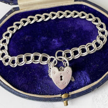 Carica l'immagine nel visualizzatore di Gallery, Vintage English Silver Double Curb Chain Bracelet, Love Heart Padlock. Victorian Style Sterling Silver Sweetheart Bracelet, 1962 Hallmarks