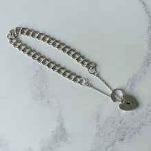 Carica l'immagine nel visualizzatore di Gallery, Vintage English Silver Double Curb Chain Bracelet, Love Heart Padlock. Victorian Style Sterling Silver Sweetheart Bracelet, 1962 Hallmarks