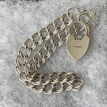 Carica l'immagine nel visualizzatore di Gallery, Vintage English Silver Double Curb Chain Bracelet, Love Heart Padlock. Victorian Style Sterling Silver Sweetheart Bracelet, 1962 Hallmarks