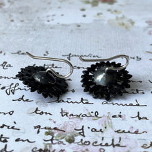 Cargar imagen en el visor de la galería, Georgian Vauxhall Glass Flower Earrings. Antique Black Glass Tile Sterling Silver Regency Earrings. Victorian Daisy Stud Hook Earrings c1820