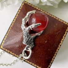 Cargar imagen en el visor de la galería, Vintage Scottish Silver Claw Carnelian Pendant. Large Carved Scottish Hardstone Orb Pendant Fob. 1960s Sterling Silver Figural Pendant.