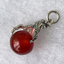 Cargar imagen en el visor de la galería, Vintage Scottish Silver Claw Carnelian Pendant. Large Carved Scottish Hardstone Orb Pendant Fob. 1960s Sterling Silver Figural Pendant.