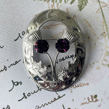 Carica l'immagine nel visualizzatore di Gallery, Vintage Scottish Silver & Amethyst Thistle Shield Brooch. Oval Engraved Sterling Silver Cairngorm Brooch. Scottish Plaid Pin, Ward Bros 1966