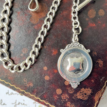 Carica l'immagine nel visualizzatore di Gallery, Antique Silver Albert Watch Chain With Belt Fob, T-Bar & Swivel Clip. Edwardian Sterling Silver Watch Chain. Curb Link Watch Chain Bracelet
