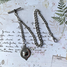 Carica l'immagine nel visualizzatore di Gallery, Antique Silver Albert Watch Chain With Belt Fob, T-Bar & Swivel Clip. Edwardian Sterling Silver Watch Chain. Curb Link Watch Chain Bracelet