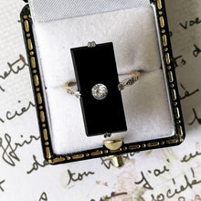 Carica l'immagine nel visualizzatore di Gallery, Antique Art Deco 9ct Gold White Zircon & Onyx Ring. 1920s Rectangular Black Gemstone Cocktail Ring. UK Size M-1/2, US Size 6-1/2
