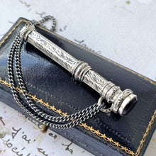 Carica l'immagine nel visualizzatore di Gallery, Antique Silver & Amethyst Miniature Pencil Pendant, Thomas Vale 1900. Victorian/Edwardian Floral Engraved Sterling Silver Mechanical Pencil