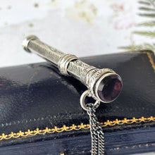 Carica l'immagine nel visualizzatore di Gallery, Antique Silver & Amethyst Miniature Pencil Pendant, Thomas Vale 1900. Victorian/Edwardian Floral Engraved Sterling Silver Mechanical Pencil