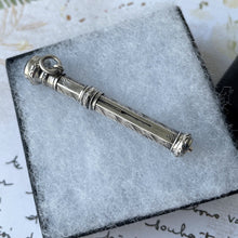 Carica l'immagine nel visualizzatore di Gallery, Antique Silver & Amethyst Miniature Pencil Pendant, Thomas Vale 1900. Victorian/Edwardian Floral Engraved Sterling Silver Mechanical Pencil