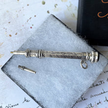 Carica l'immagine nel visualizzatore di Gallery, Antique Silver & Amethyst Miniature Pencil Pendant, Thomas Vale 1900. Victorian/Edwardian Floral Engraved Sterling Silver Mechanical Pencil