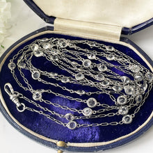 Carica l'immagine nel visualizzatore di Gallery, Victorian Silver & Crystal 60" Long Guard Muff Chain. Antique Sterling Silver Paperclip Link Chain. Edwardian White Crystal Sautoir Necklace