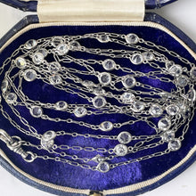 Carica l'immagine nel visualizzatore di Gallery, Victorian Silver & Crystal 60" Long Guard Muff Chain. Antique Sterling Silver Paperclip Link Chain. Edwardian White Crystal Sautoir Necklace