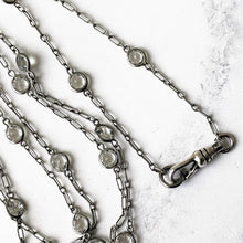 Carica l'immagine nel visualizzatore di Gallery, Victorian Silver & Crystal 60" Long Guard Muff Chain. Antique Sterling Silver Paperclip Link Chain. Edwardian White Crystal Sautoir Necklace
