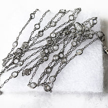 Carica l'immagine nel visualizzatore di Gallery, Victorian Silver & Crystal 60" Long Guard Muff Chain. Antique Sterling Silver Paperclip Link Chain. Edwardian White Crystal Sautoir Necklace