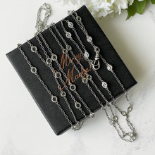 Carica l'immagine nel visualizzatore di Gallery, Victorian Silver & Crystal 60" Long Guard Muff Chain. Antique Sterling Silver Paperclip Link Chain. Edwardian White Crystal Sautoir Necklace