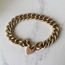 Carica l'immagine nel visualizzatore di Gallery, Vintage 12ct Rolled Gold Bracelet with Love Heart Padlock. 1960s Gold Filled Chunky Curb Chain Bracelet. English Sweetheart Bracelet