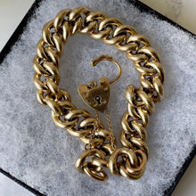 Carica l'immagine nel visualizzatore di Gallery, Vintage 12ct Rolled Gold Bracelet with Love Heart Padlock. 1960s Gold Filled Chunky Curb Chain Bracelet. English Sweetheart Bracelet