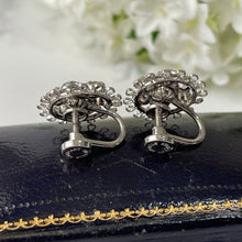 Carica l'immagine nel visualizzatore di Gallery, Vintage Sterling Silver Clear Crystal Daisy Earrings. 1940s Screw Back Silver Filigree Earrings. Antique Paste Diamanté Cluster Earrings