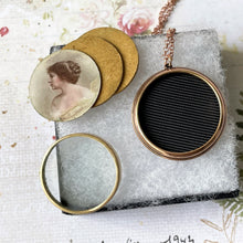 Carica l'immagine nel visualizzatore di Gallery, Edwardian Rolled Gold Picture Pendant Locket. Antique Rose Gold 2 Portrait Locket On Chain. Edwardian Lady & Baby Hand Tinted Photo Pendant