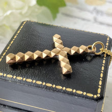 Carica l'immagine nel visualizzatore di Gallery, Antique 9ct Rolled Gold Faceted Cross Pendant. Victorian/Edwardian Diamond Cut Yellow Gold Cross & Anchor Chain
