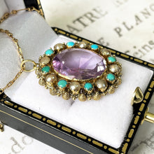 Carica l'immagine nel visualizzatore di Gallery, Georgian 18ct Gold Cannetille Amethyst Pendant. Antique c1820 Oval 7ct Amethyst, Pearl & Turquoise Cluster/Halo Necklace Pendant