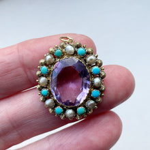 Carica l'immagine nel visualizzatore di Gallery, Georgian 18ct Gold Cannetille Amethyst Pendant. Antique c1820 Oval 7ct Amethyst, Pearl & Turquoise Cluster/Halo Necklace Pendant