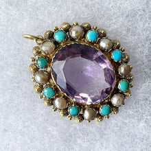 Carica l'immagine nel visualizzatore di Gallery, Georgian 18ct Gold Cannetille Amethyst Pendant. Antique c1820 Oval 7ct Amethyst, Pearl & Turquoise Cluster/Halo Necklace Pendant