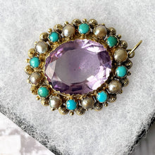 Carica l'immagine nel visualizzatore di Gallery, Georgian 18ct Gold Cannetille Amethyst Pendant. Antique c1820 Oval 7ct Amethyst, Pearl & Turquoise Cluster/Halo Necklace Pendant