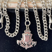 Carica l'immagine nel visualizzatore di Gallery, Antique Victorian Silver Double Albert Chain With Anchor Fob. Sterling Silver Heavy Curb Chain Necklace, 2 Swivel Clips, T-Bar & Pendant.