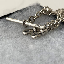 Carica l'immagine nel visualizzatore di Gallery, Antique Victorian Silver Double Albert Chain With Anchor Fob. Sterling Silver Heavy Curb Chain Necklace, 2 Swivel Clips, T-Bar & Pendant.
