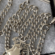 Carica l'immagine nel visualizzatore di Gallery, Antique Victorian Silver Double Albert Chain With Anchor Fob. Sterling Silver Heavy Curb Chain Necklace, 2 Swivel Clips, T-Bar & Pendant.