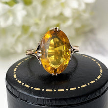 Carica l'immagine nel visualizzatore di Gallery, Antique 9ct Gold Art Deco Paste Citrine Ring. Golden Yellow Oval Faceted Antique Solitaire Paste Ring. 1930s Gold Ring Size M UK/6-1/4 US