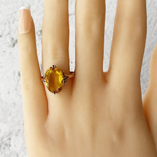 Carica l'immagine nel visualizzatore di Gallery, Antique 9ct Gold Art Deco Paste Citrine Ring. Golden Yellow Oval Faceted Antique Solitaire Paste Ring. 1930s Gold Ring Size M UK/6-1/4 US