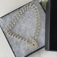 Carica l'immagine nel visualizzatore di Gallery, Vintage English Silver Double Curb Chain Bracelet, Love Heart Padlock. Victorian Style Sterling Silver Sweetheart Bracelet, 1962 Hallmarks