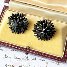 Cargar imagen en el visor de la galería, Georgian Vauxhall Glass Flower Earrings. Antique Black Glass Tile Sterling Silver Regency Earrings. Victorian Daisy Stud Hook Earrings c1820