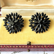 Cargar imagen en el visor de la galería, Georgian Vauxhall Glass Flower Earrings. Antique Black Glass Tile Sterling Silver Regency Earrings. Victorian Daisy Stud Hook Earrings c1820