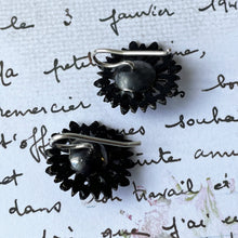 Cargar imagen en el visor de la galería, Georgian Vauxhall Glass Flower Earrings. Antique Black Glass Tile Sterling Silver Regency Earrings. Victorian Daisy Stud Hook Earrings c1820