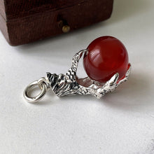Cargar imagen en el visor de la galería, Vintage Scottish Silver Claw Carnelian Pendant. Large Carved Scottish Hardstone Orb Pendant Fob. 1960s Sterling Silver Figural Pendant.