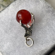 Cargar imagen en el visor de la galería, Vintage Scottish Silver Claw Carnelian Pendant. Large Carved Scottish Hardstone Orb Pendant Fob. 1960s Sterling Silver Figural Pendant.