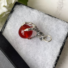 Load image into Gallery viewer, Vintage Scottish Silver Claw Carnelian Pendant. Large Carved Scottish Hardstone Orb Pendant Fob. 1960s Sterling Silver Figural Pendant.
