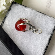 Cargar imagen en el visor de la galería, Vintage Scottish Silver Claw Carnelian Pendant. Large Carved Scottish Hardstone Orb Pendant Fob. 1960s Sterling Silver Figural Pendant.