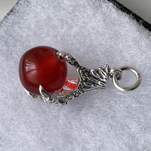 Cargar imagen en el visor de la galería, Vintage Scottish Silver Claw Carnelian Pendant. Large Carved Scottish Hardstone Orb Pendant Fob. 1960s Sterling Silver Figural Pendant.