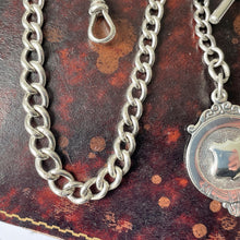Carica l'immagine nel visualizzatore di Gallery, Antique Silver Albert Watch Chain With Belt Fob, T-Bar & Swivel Clip. Edwardian Sterling Silver Watch Chain. Curb Link Watch Chain Bracelet
