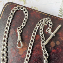 Carica l'immagine nel visualizzatore di Gallery, Antique Silver Albert Watch Chain With Belt Fob, T-Bar & Swivel Clip. Edwardian Sterling Silver Watch Chain. Curb Link Watch Chain Bracelet