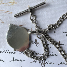 Carica l'immagine nel visualizzatore di Gallery, Antique Silver Albert Watch Chain With Belt Fob, T-Bar & Swivel Clip. Edwardian Sterling Silver Watch Chain. Curb Link Watch Chain Bracelet