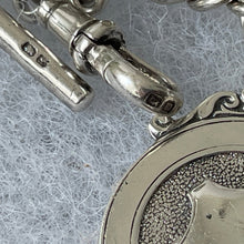 Carica l'immagine nel visualizzatore di Gallery, Antique Silver Albert Watch Chain With Belt Fob, T-Bar & Swivel Clip. Edwardian Sterling Silver Watch Chain. Curb Link Watch Chain Bracelet