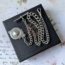 Carica l'immagine nel visualizzatore di Gallery, Antique Silver Albert Watch Chain With Belt Fob, T-Bar & Swivel Clip. Edwardian Sterling Silver Watch Chain. Curb Link Watch Chain Bracelet